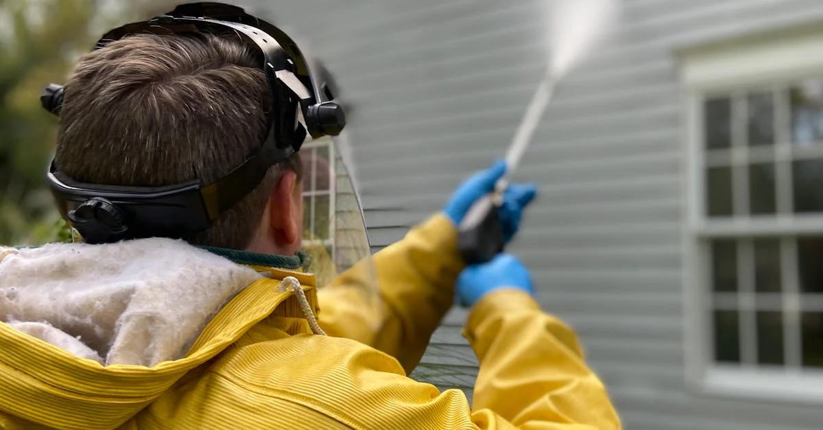 Professional technician using proper safety equipment while cleaning a Grand Island commercial building